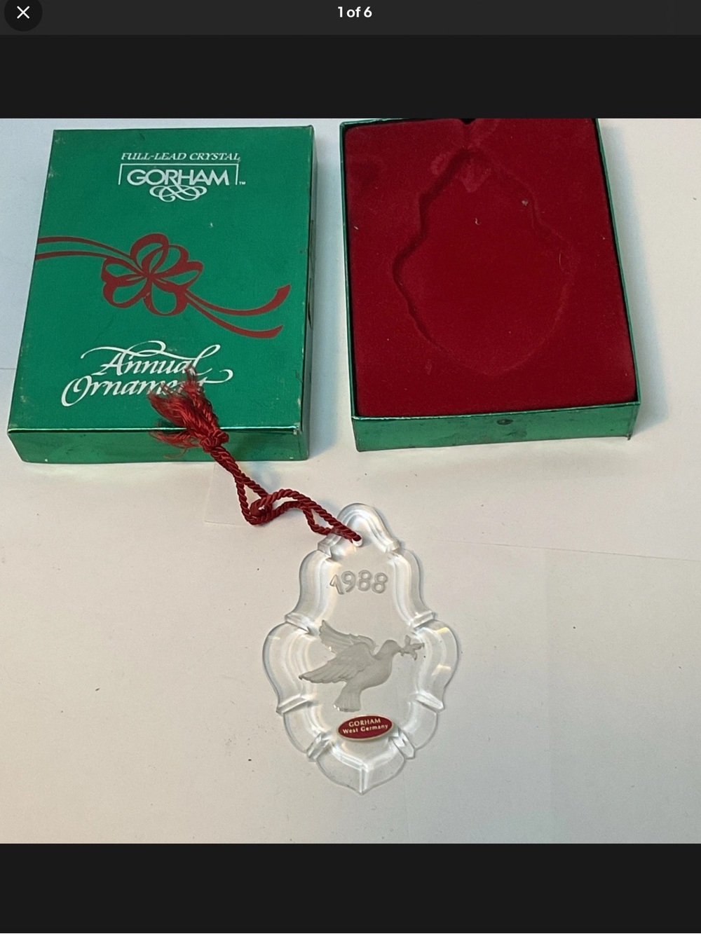 Gorham 1988 Crystal Etched Peace Dove Christmas Ornament West Germany With Box